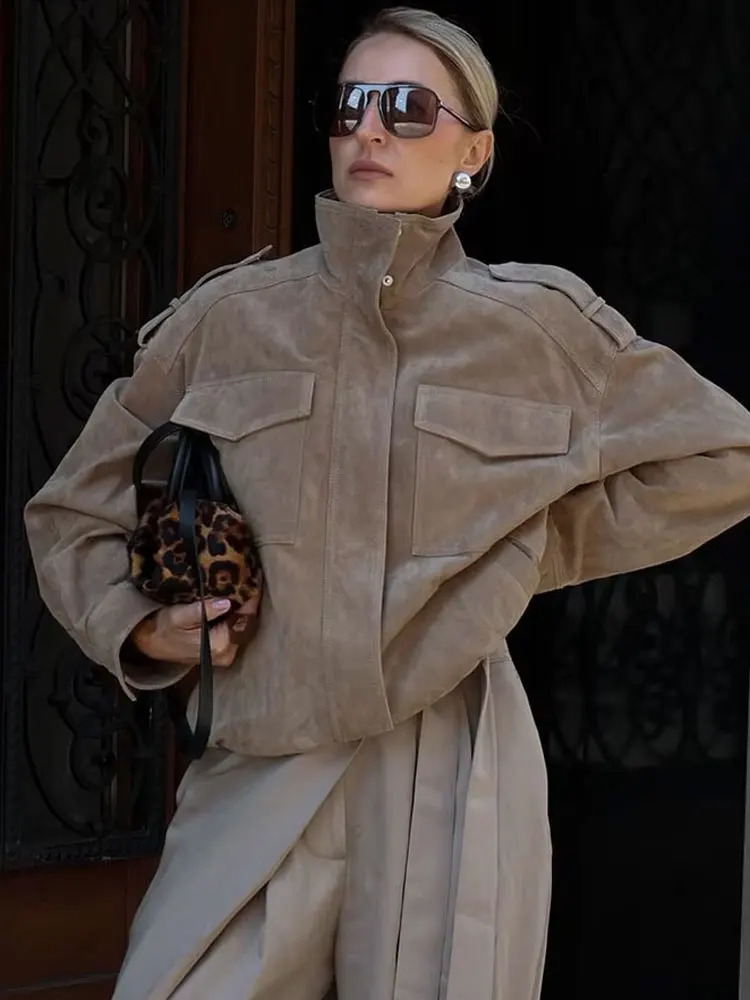 HH Retro Suede Textured Leather Jackets For Women Autumn Street Fashion Coats Solid Long Sleeves High Neck Causal Outerwear 251124