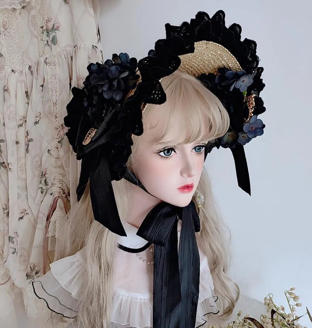 French Lolita Style Vintage Victorian Sun Hat Straw Handmade Tea Party Headwear Accessories Princess Beach Cap 250420