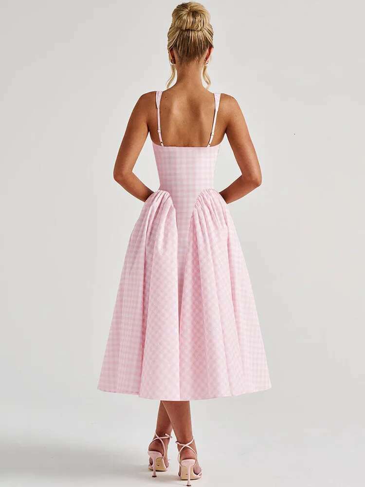 Dongdumaoyi Townlike Plaid Print Midi Long A Line Dress Women Spaghetti Strap Spring Summer Backless Nightclub Sexy Party Dresses