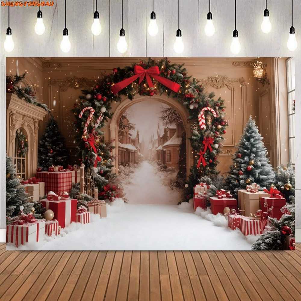Winter Christmas Photography Backdrop Xmas Wreath Arch Christmas Tree Kids Portrait Family Party Decor Background Photo PropsM251125