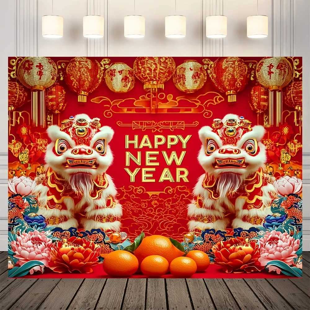 VIKAMA Chinese New Year Tapestry Double Lion Play Ball Peony Living Room Background Wall Spring Festival Party DecorationM251125