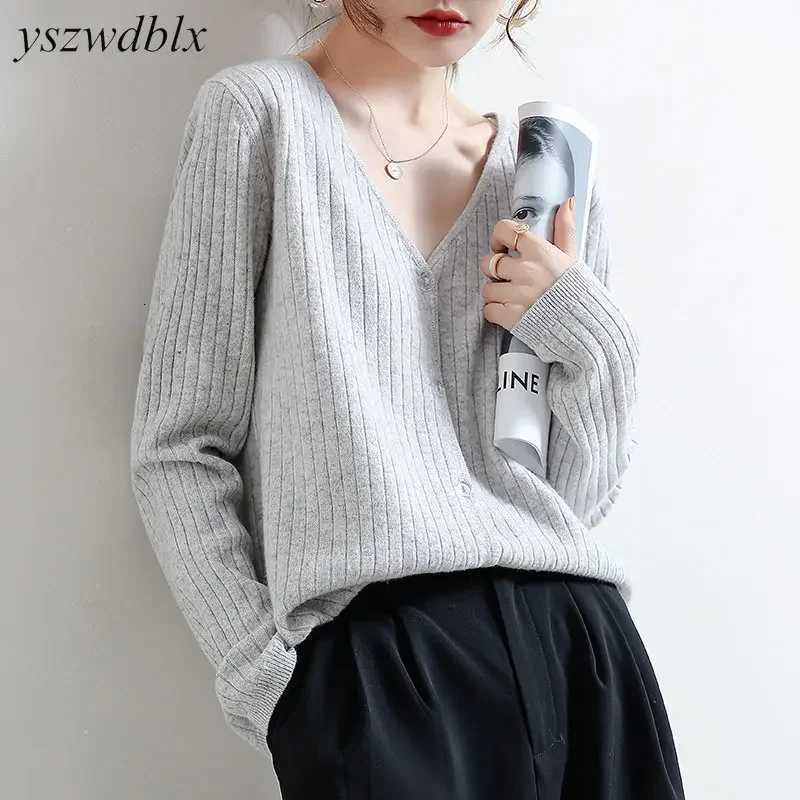 YSZWDBLX Women Cardigans 2025 Solid V-neck Knitted Autumn Winter Long Sleeve Sweater Korean Fashion Loose Fit Woman CardiganT251125