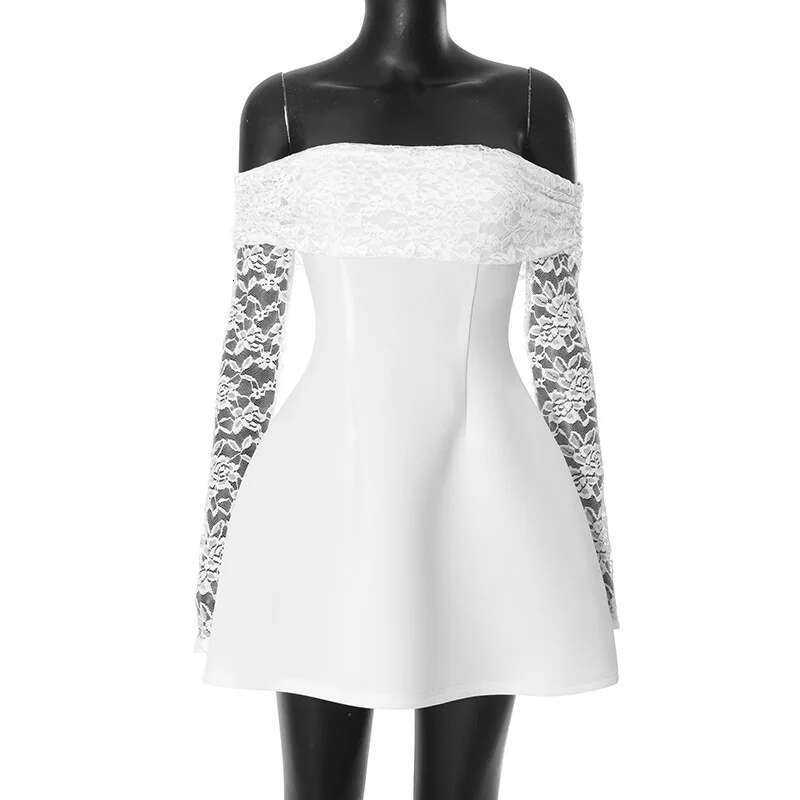 Dongdumaoyi Townlike Lace Patchwork Waist Wrap A Line Dress Women Off Shoulder Mini Autumn Winter Backless Nightclub Sexy Party Dresses