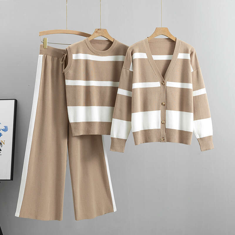 Wide Leg Pants Sports Striped Set for Women Autumn Winter Fashion Loose and Casual European Three Piece Set Trendy Temperament New Arrival New Product
