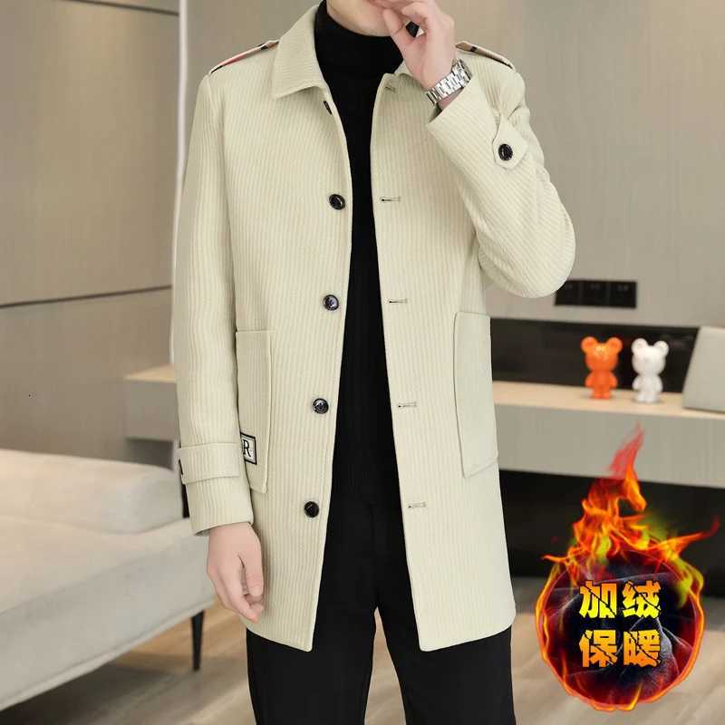 2023 Winter Medium Length Woolen Jacket for Men Plush and Thicken Trench Coat slim Casual Business Social Streetwear OvercoatT251125