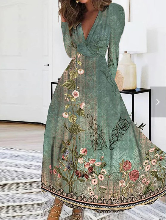 2023 Autumn V-neck Long sleeved Printed Womens Dress Womens Dress