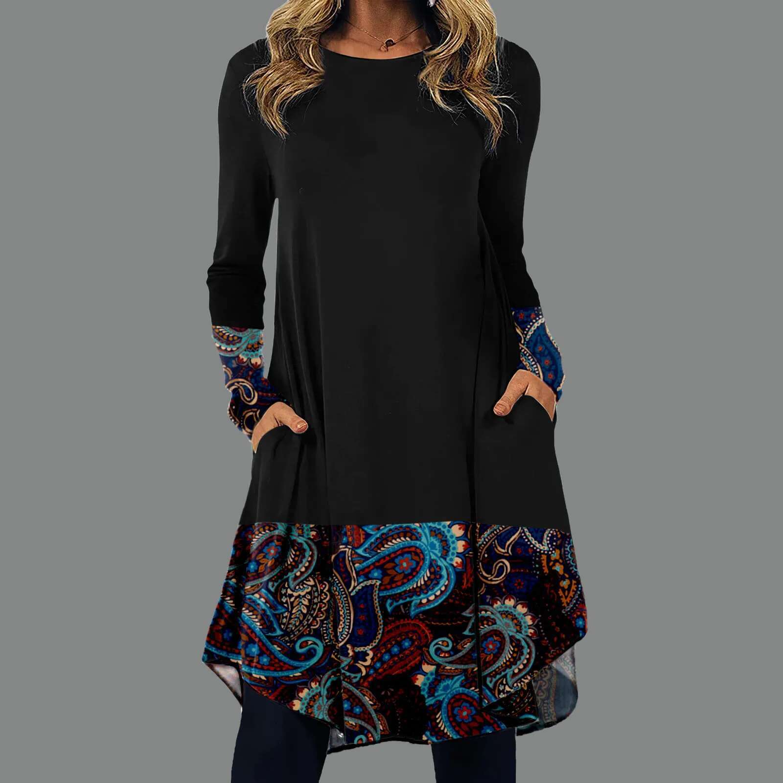 Dongdumaoyi New Women Black Print Bohemian Vintage Dresses Long Sleeve Casual Loose Boho Dress For Lady Autumn Spring Clothing