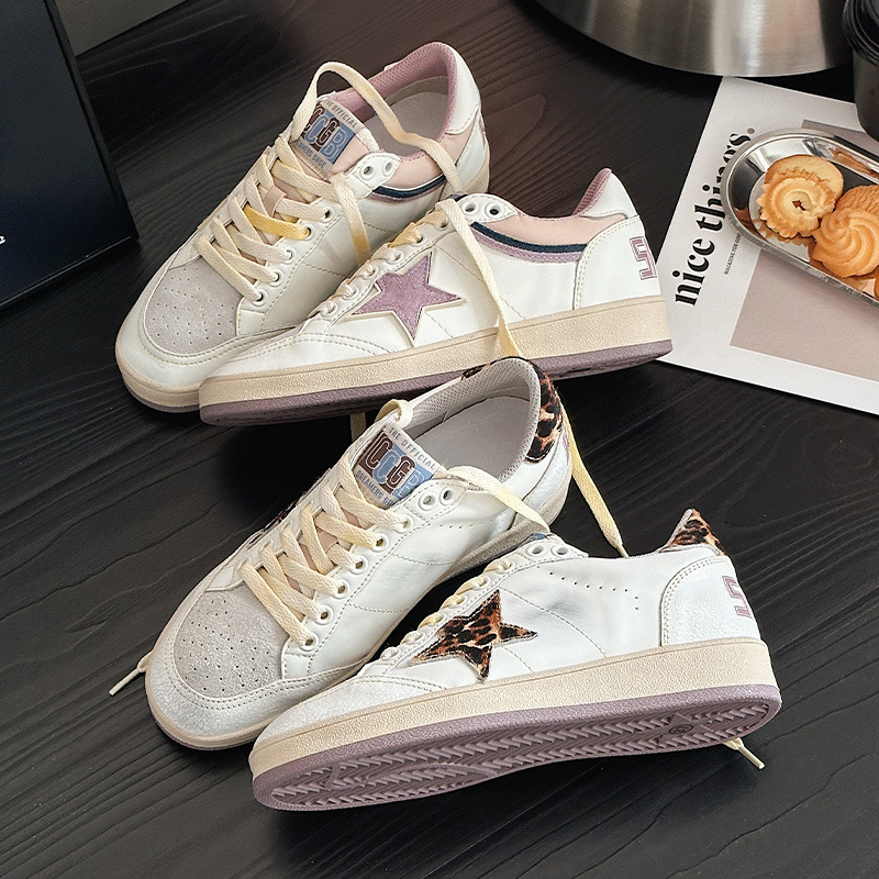 Free shipping women's white sneakers with star patchwork retro pink purple accents stylish comfortable breathable versatile daily wear sports cas