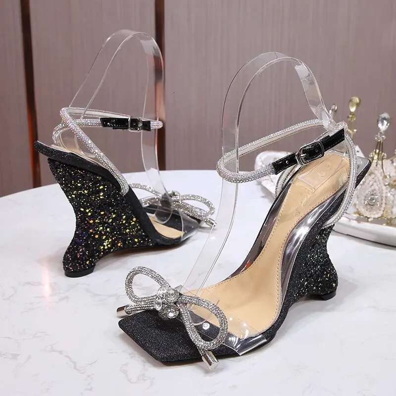 Summer new square head sequin rhinestone bow PVC sexy sandals slope heel high-heeled banquet dress large size women's shoes