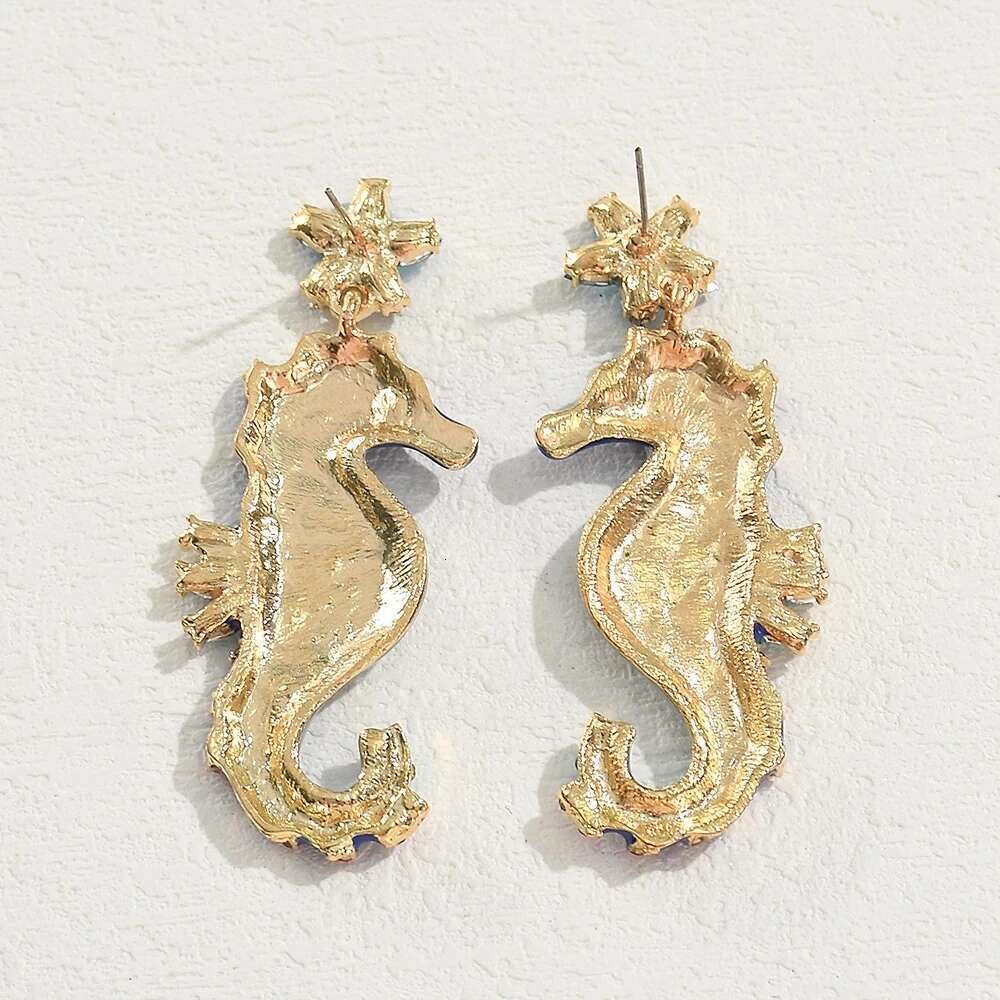 Vedawas Cute Metal Blue Black Crystal Seahorse Drop For Woman Funny Creative Marine Animal Earrings Personality Jewelry