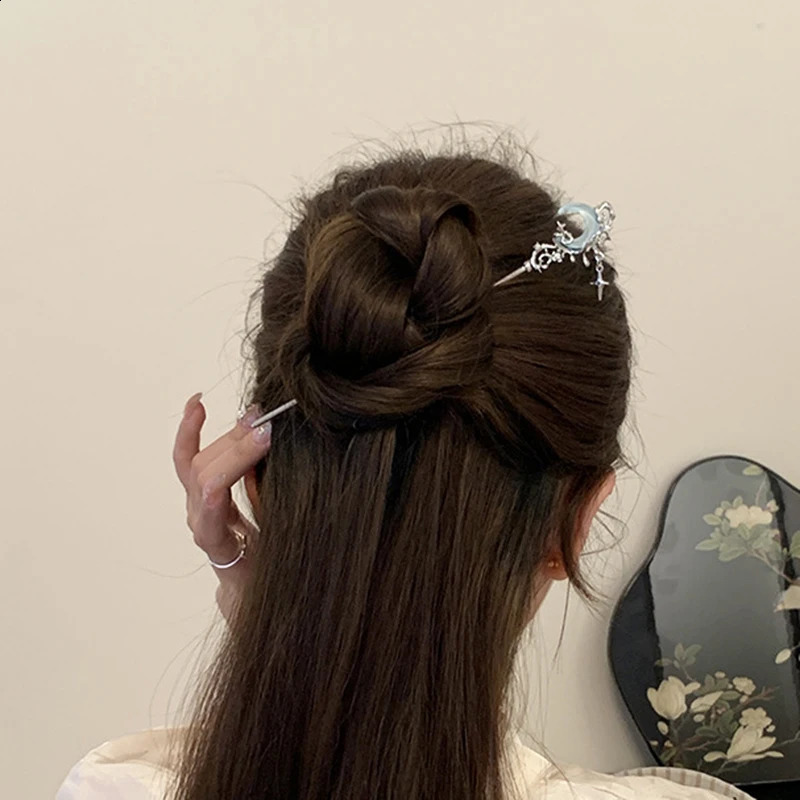 Romantic Moon Stone Star Hair Stick Metal Branch Clip Chinese Style Girl Jewelry 250417