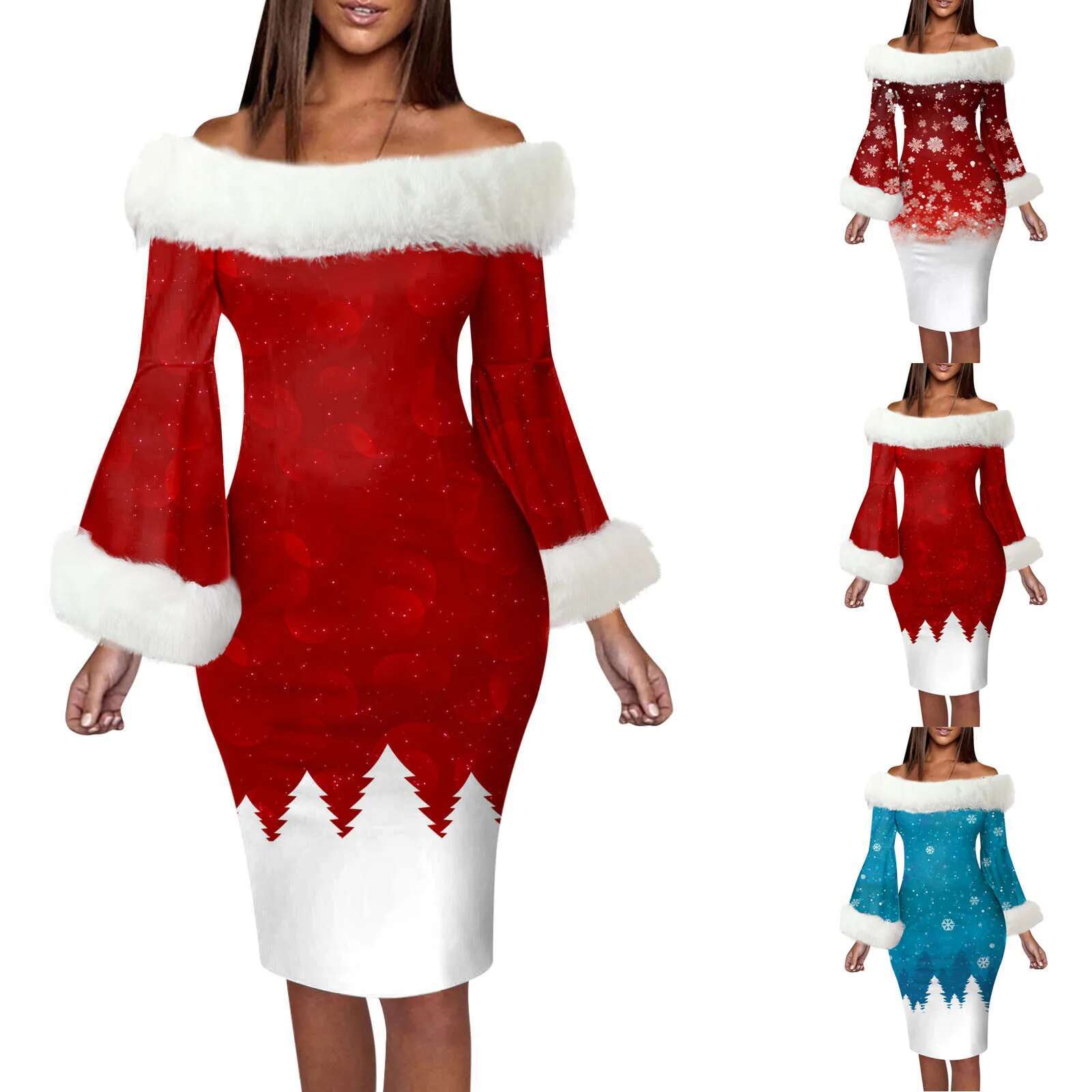 Dongdumaoyi Winter Christmas Party Dresses Xmas Lady Santa Claus Cosplay Costume Sexy Off Shoulder Plush Patchwork Dress Vestidos