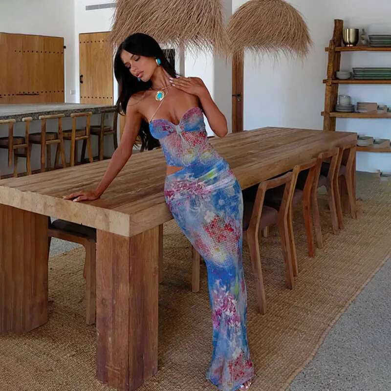 Dongdumaoyi Townlike Print Slim Bodycon Dress Women Strapless Spring Summer Maxi Long Hollow Out Nightclub Sexy Party Dresses