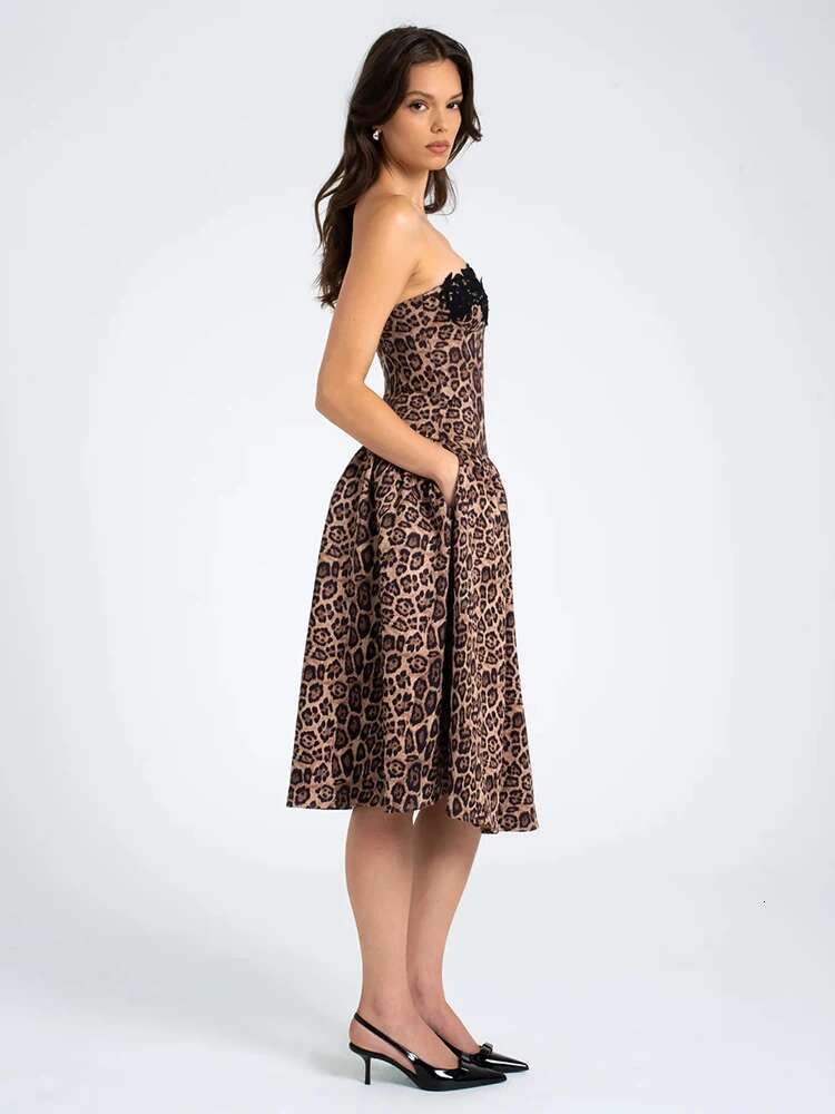 dongdumaoyi Townlike Leopard Print A-e Women Lace Strapless Midi Long 2024 Summer Dress Backless Nightclub Sexy Party Dresses