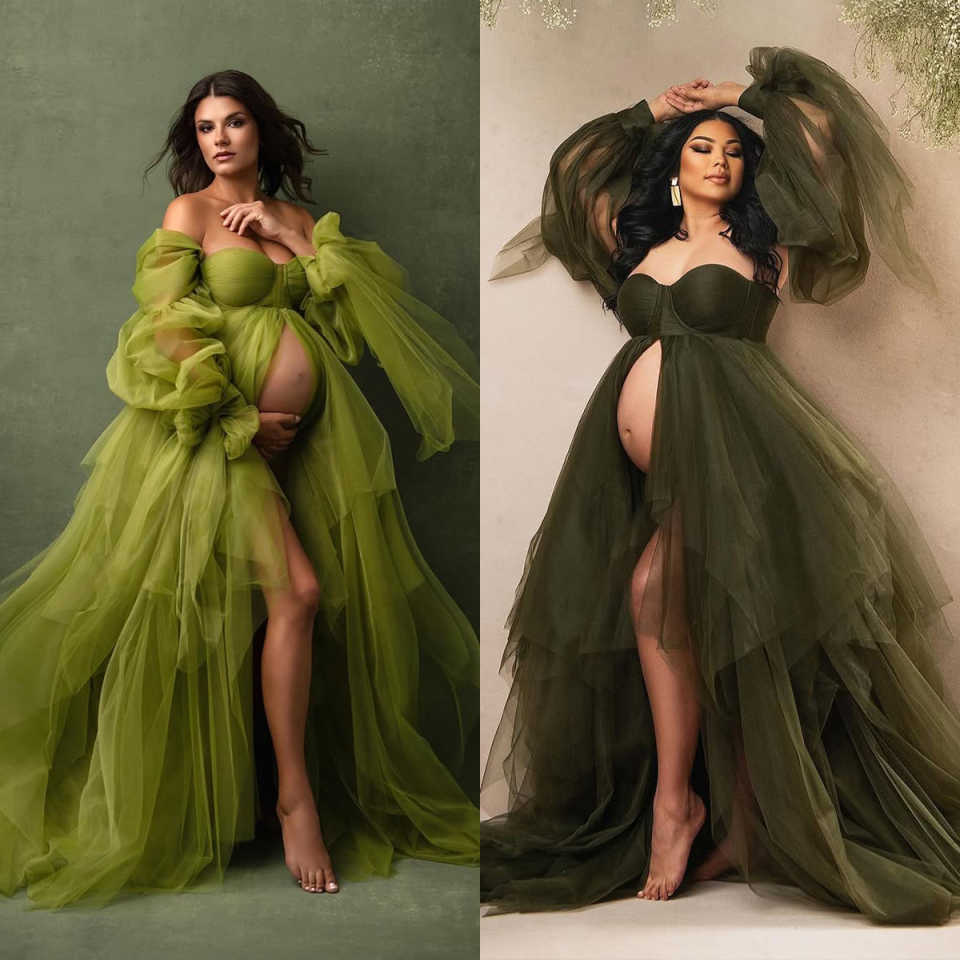 Graceful Green Ruffles Sleepwear Robes Ruffles Deep High Split Plus Size Pregancy Women Gowns for Special Occasion Photoshoot Boudoir Lingerie Bathrob