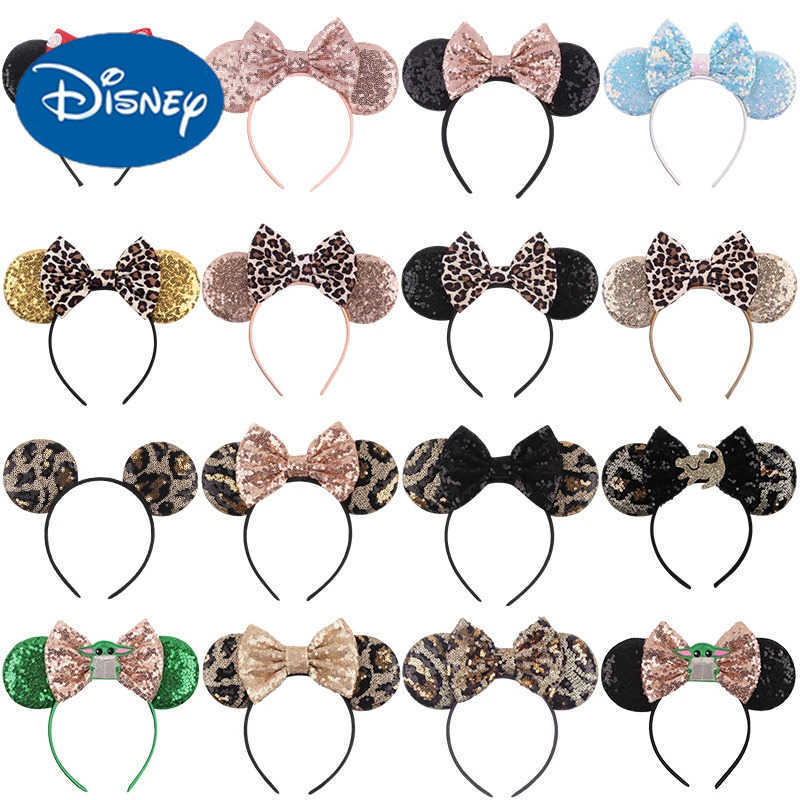 Disney Leopard Print Headbands Mickey Mouse Ears Headbands for Girls Kid Women Party Sequins Bow Hair Accessories Adult Hairbands X250425