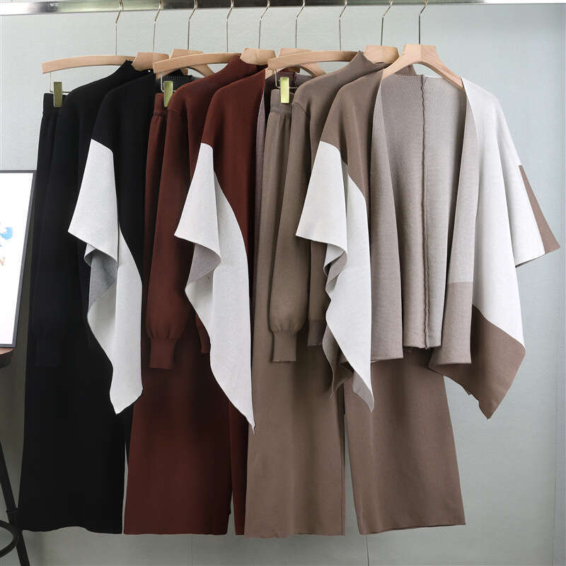 2025 Autumn/winter New Fashionable Knitted Color Blocked Shawl Wide Leg Pants Stylish 3-piece Set for Women Long Printing Temperament New Product New 