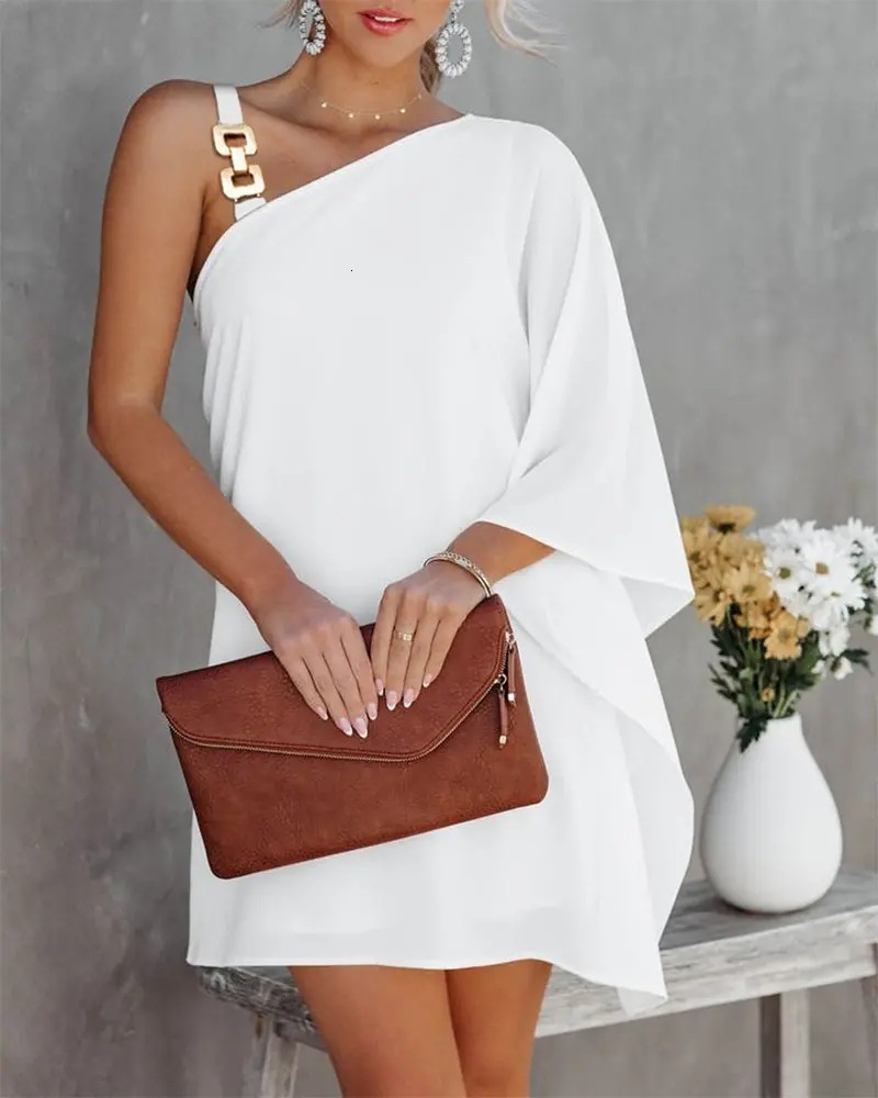 2022 summer bat sleeve off shoulder metal suspender womens dress