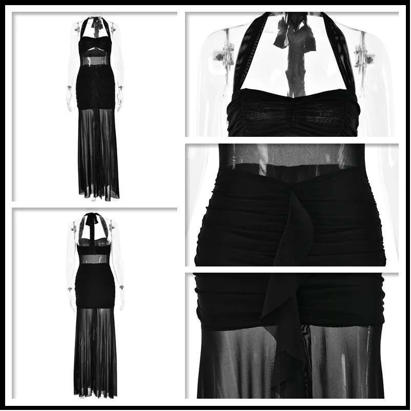 Dongdumaoyi Townlike Maxi Long Pleated Slim Bodycon Dress Women Strapless Halter Summer Split Backless Sexy Party Dresses