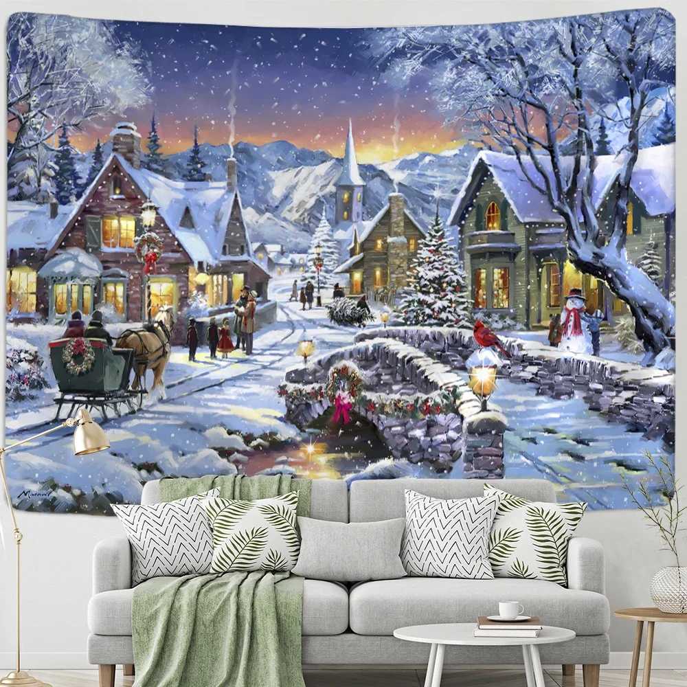 Christmas Woods Snow Scene Tapestry Wall Hanging New Year Gift Elk Bohemian Style Bed Curtain Dormitory Home DecorM251125