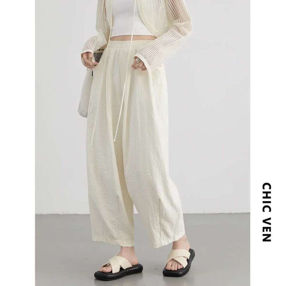 CHIC VEN Women White Pants Solid Casual Elastic Waist High Waisted Pleated Wide Leg Female Trousers Fold Summer 2025 Clothing
