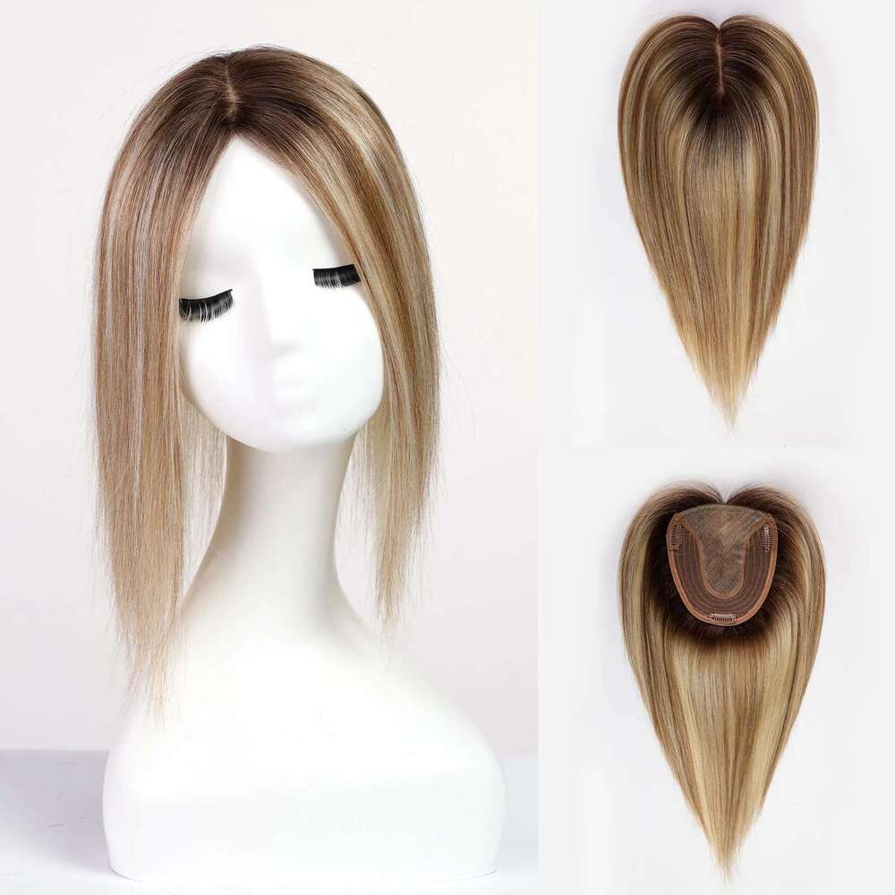 Blonde Gray Brown For Women 100% Remy Human Hairpieces Silk Base Clips In Hair Straight 12Inches Toppers