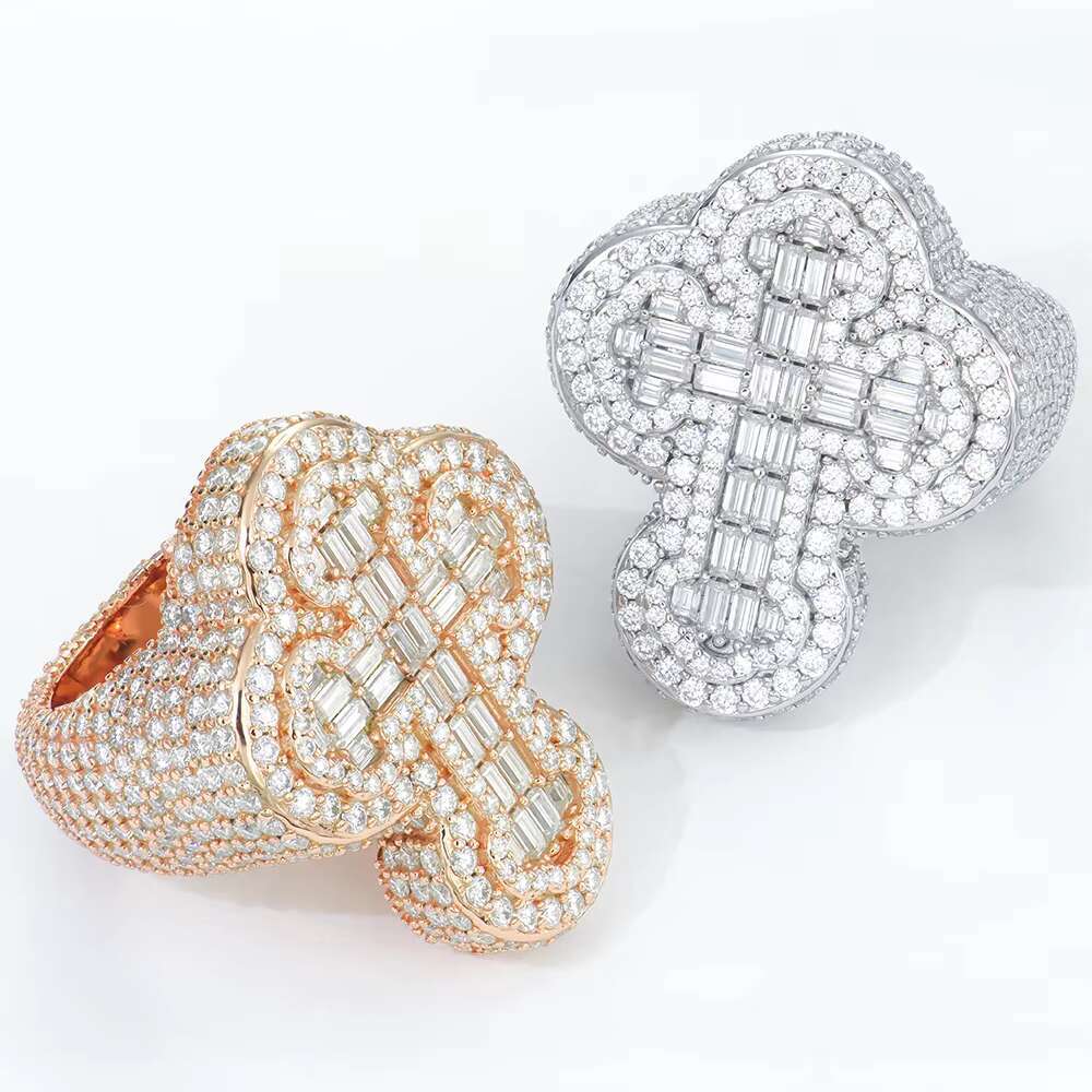 925 Silver Jewelry White Gold Rose Gold Plated Full Iced Out D VVS Round Baguette Cut Moissanite Diamonds Cross Hiphop Ring