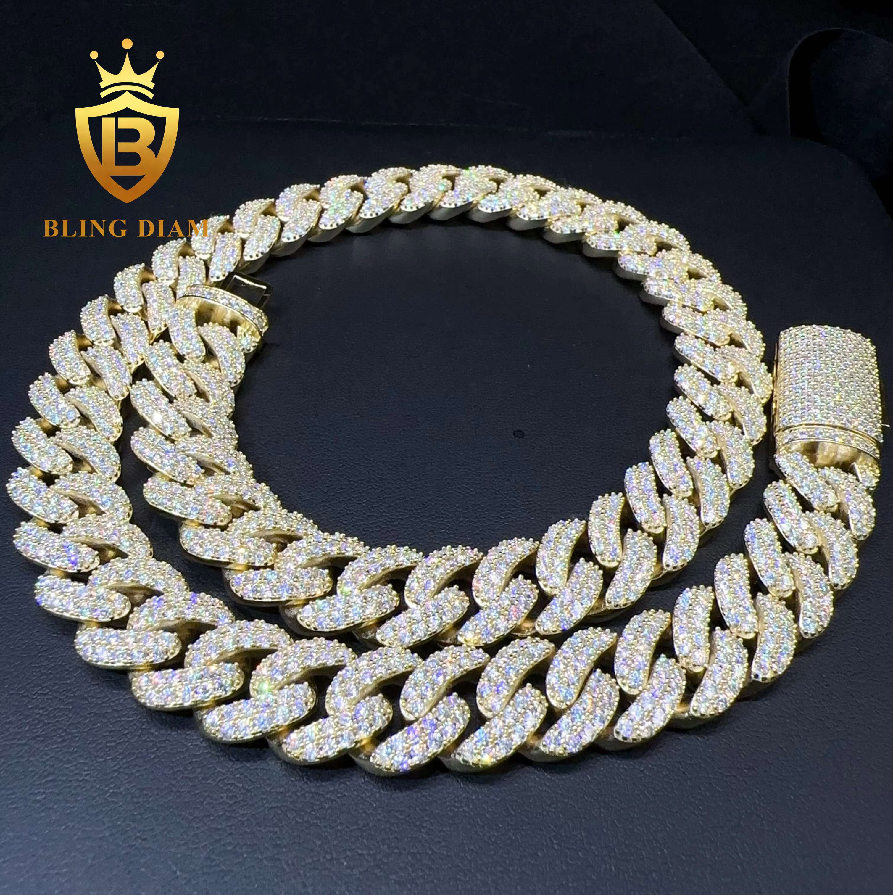 Factory Price 15mm Iced Out Miami Hip Hop Chain 10k Gold Plated Silver VVS Moissanite Diamond Cuban Link Chain