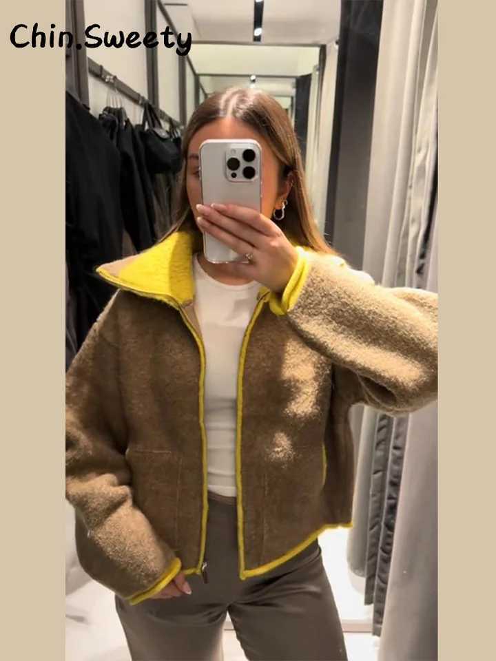 Casual Womens Contrast Color Knitted Coats Stand Collar Full Sleeve Zipper Pockets Jacket 2025 Autumn Winter Lady Warm OutwearT251125