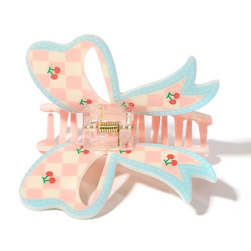 Sweet pink checkered cherry bow large-sized hair clip suitable for womens new ponytail geometric hair clip headwearT250425