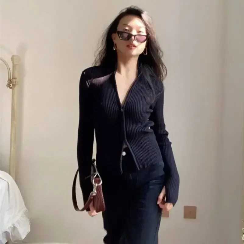 PTKPCC Autumn Womens Clothing New Casual Cardigan Y2K Slim Knitted Sweater Zipper Lapel Top Vintage High Strecth Slim PulloversT251125