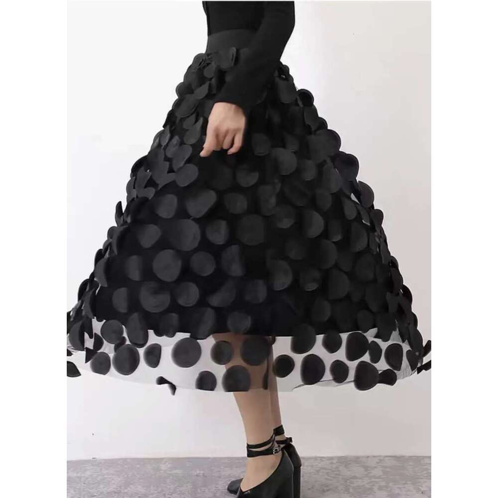 Women Polka Dot 3D Design Tulle Mesh Vintage Elastic Waist Long A-Line Tutu Skirt
