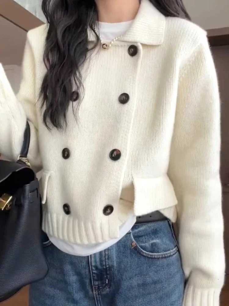 Womens Autumn Winter New Style Korean Outerwear Long Sleeve Warm Sweater Double-Row Button Solid Color Turndown Collar CardiganT251125