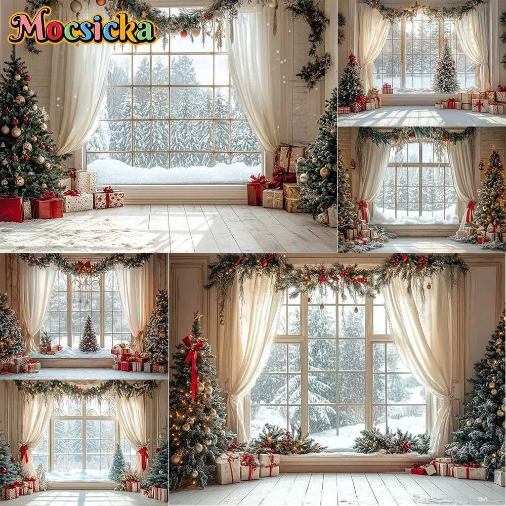 Mocsicka Photography Background Winter Christmas Tree Window Veil Decoration Backdrop Family Kids XMAS Holiday Party Prom StudioM251125