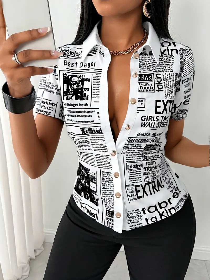 2025 Summer Fashion Newspaper Printed Single breasted V-neck Shirt for Women