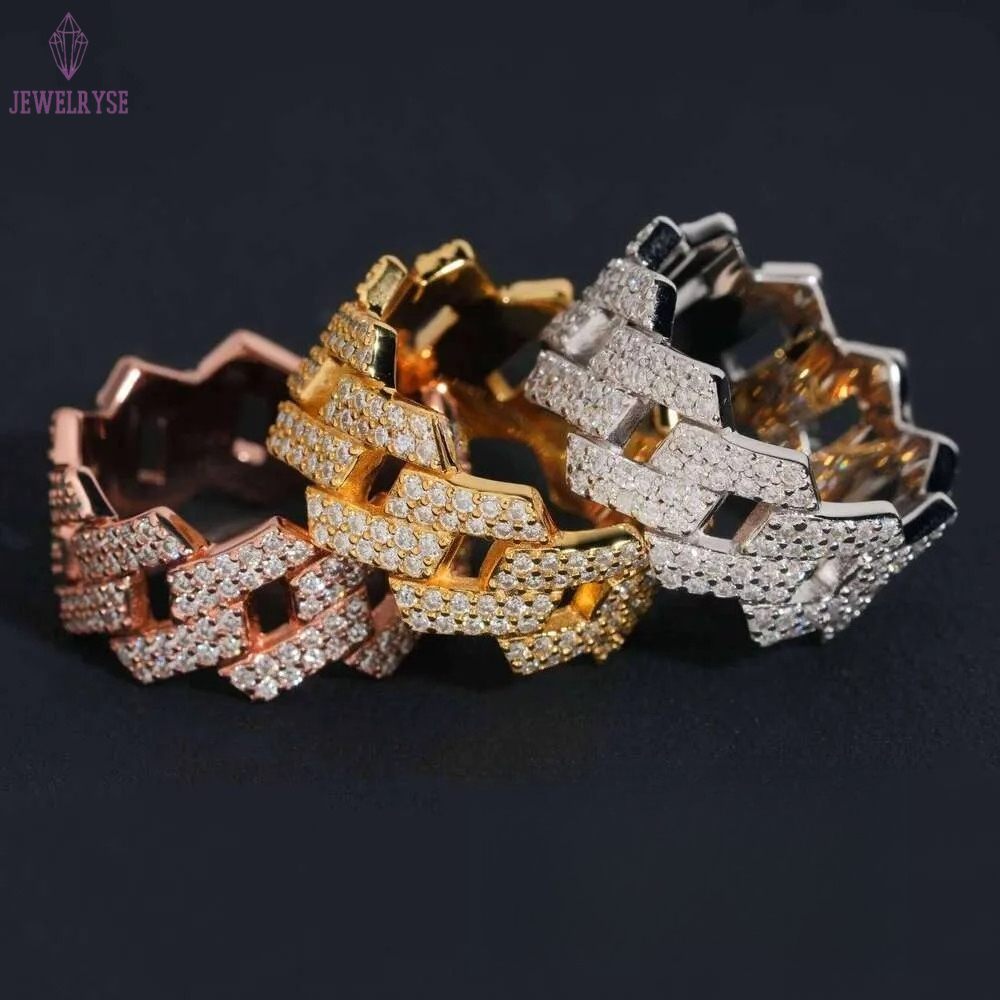 Factory Direct High Quality Hip Hop Two Row Sterling Sier Moissanite Iced Out Cuban Ring