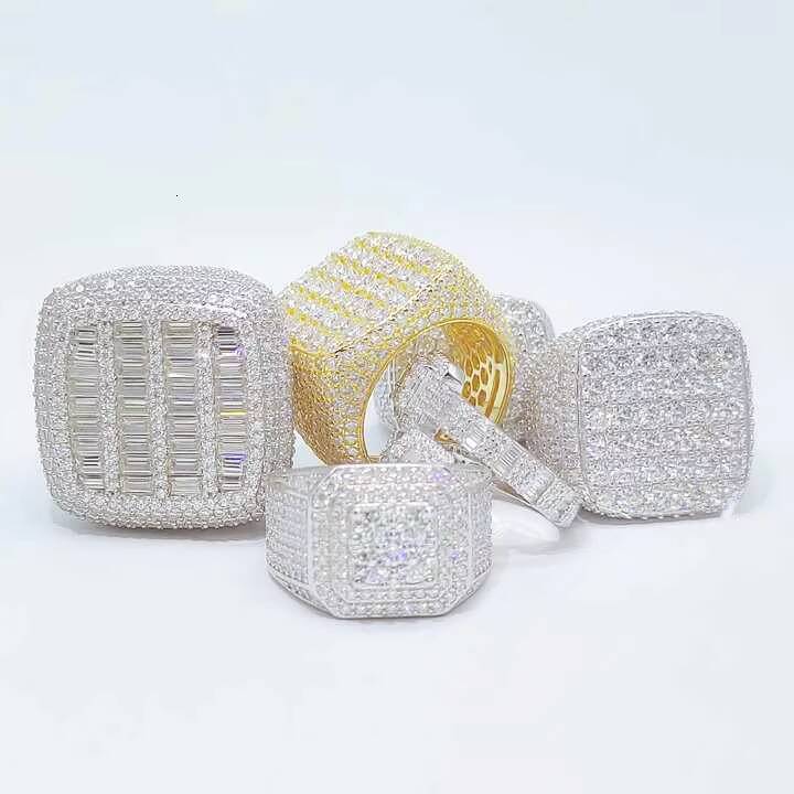 Hip Hop Custom Moissanite Mens Ring 925 Sterling Silver Fashion Square Cuban Link Band Adjustable Size Gold Plated Jewelry