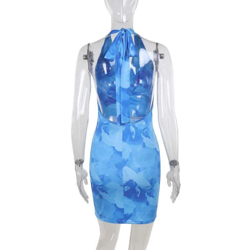 Dongdumaoyi Townlike Print Slim Bodycon Pleated Dress Women Halter Mini Spring Summer Backless Nightclub Sexy Party Dresses