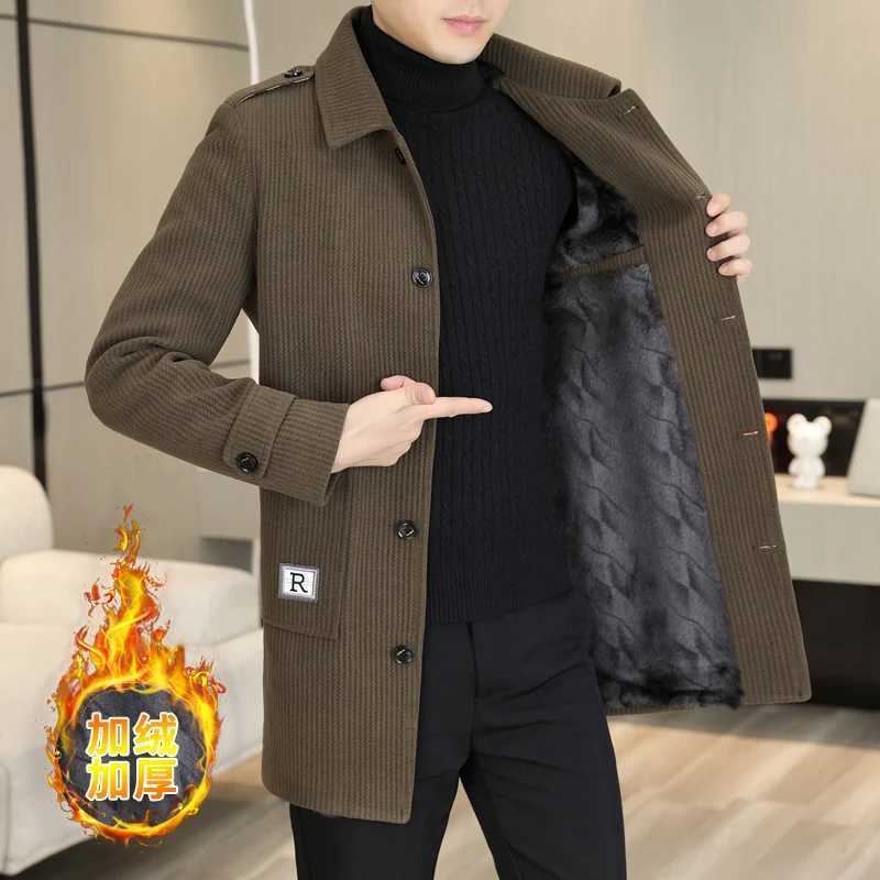 2023 Winter Medium Length Woolen Jacket for Men Plush and Thicken Trench Coat slim Casual Business Social Streetwear OvercoatT251125