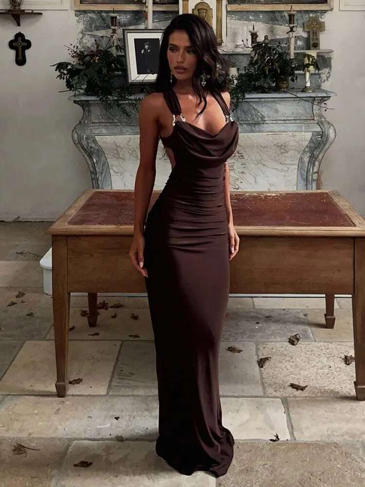 Dongdumaoyi Townlike Maxi Long Slim Bodycon Pleated Dress Women Spaghetti Strap Spring Summer Nightclub Sexy Party Dresses