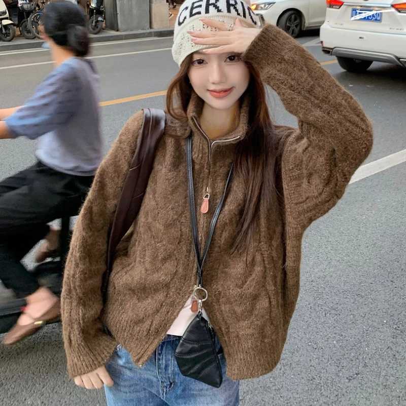 Solid Color Double Zipper Retro Casual Spring and Autumn Womens Knitted Cardigan Korean New Lazy Style Versatile Sweater CoatT251125