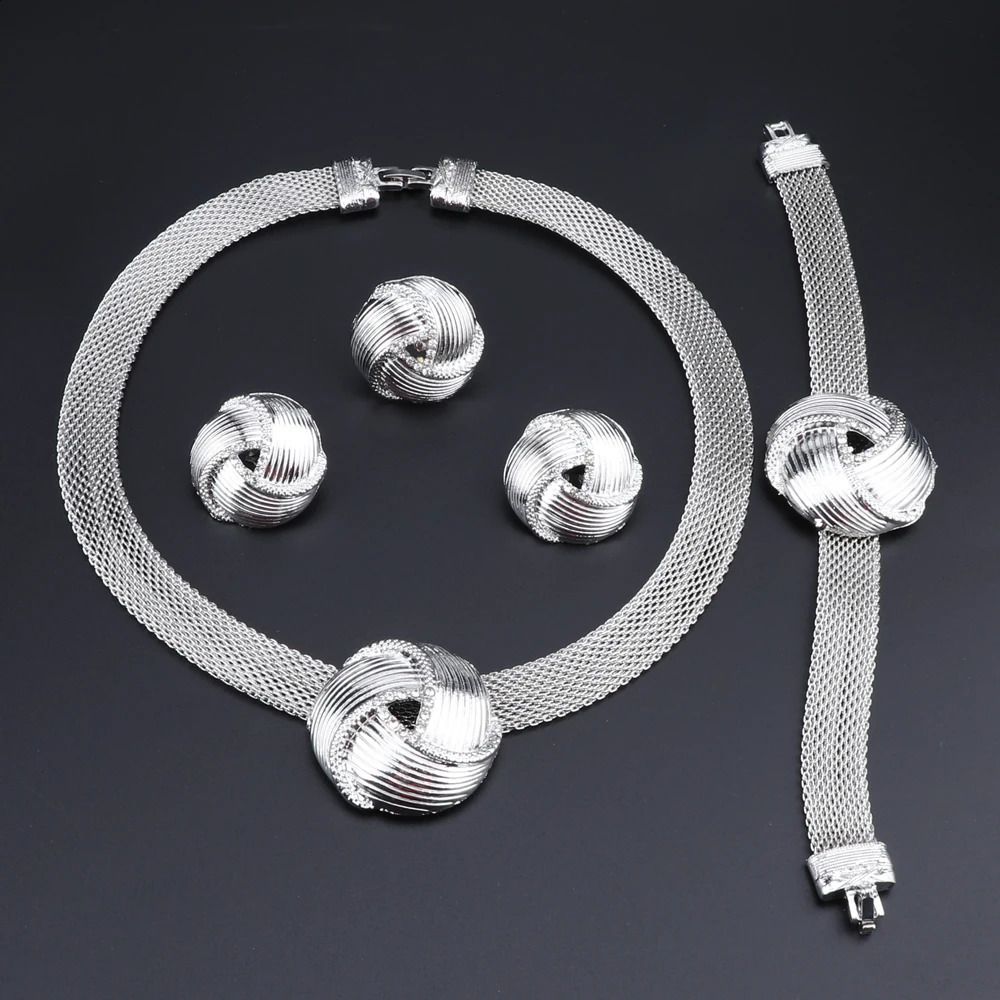 Exquisite Dubai Silver Color Necklace Earrings Set Wedding Accessories Jewelry Set African Women Costume Jewelry Set 250417