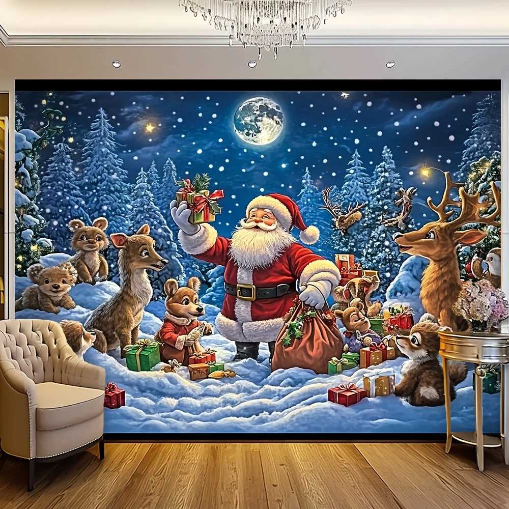 1pc Santa Claus and Reindeer Christmas Tapestry with Snow Scene Elf Deer Decor Christmas Tree Door PartyOrnaments BackdropFabricM251125