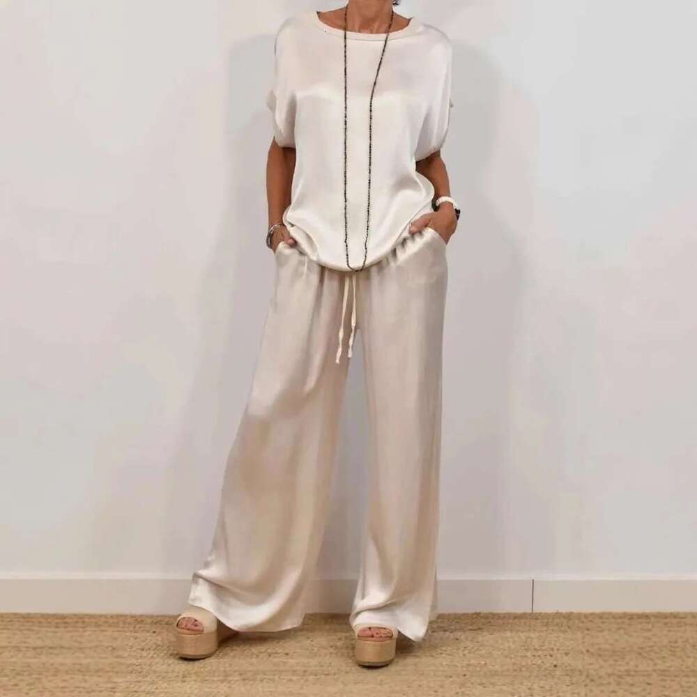 Women Satin Two Piece Sets O Neck Bat Sleeve T Shirts With Wide Leg Pants Suit Summer Elegant Casual Vintage Outfits Cothing