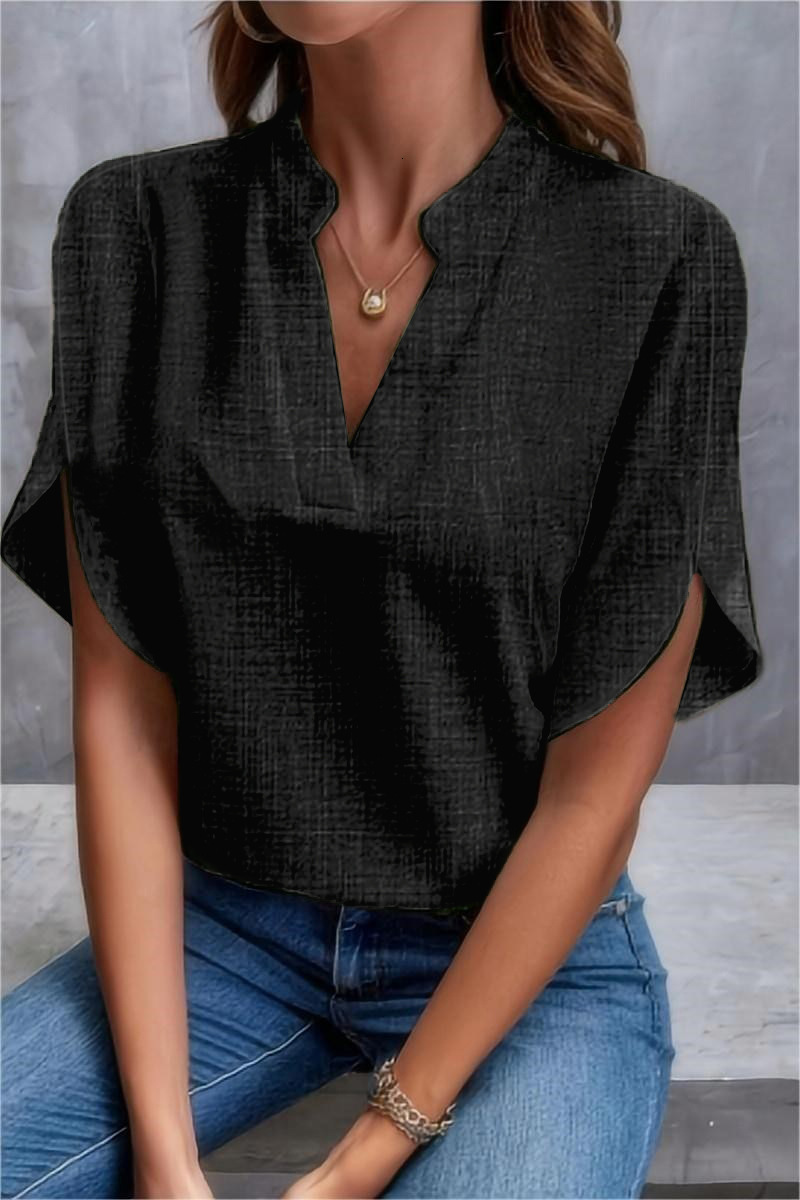 Womens 2024 summer solid color V-neck off shoulder loose linen shirt top for women