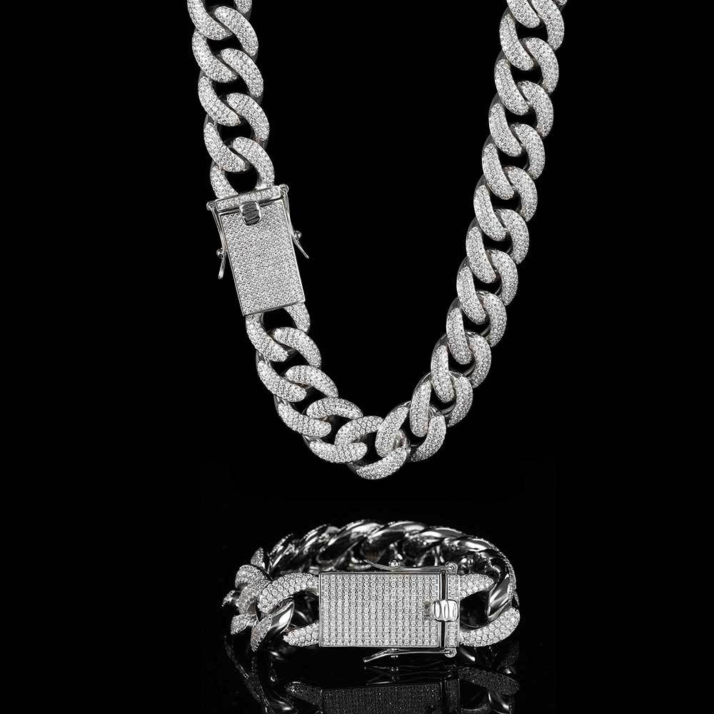 Luxury jewelry 18mm three-row zircon Cuba chain 16in-24in hip-hop necklace, high-quality hip-hop men's 7in-9in bracelet.