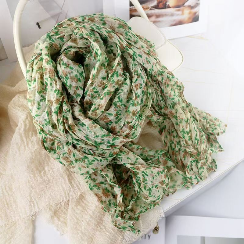 T545 small fresh natural small floral wrinkled cotton and linen texture scarf versatile silk scarf shawl autumn and winter fashion women's neck s