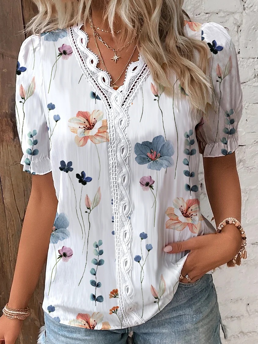 2023 Summer V-neck Lace Splicing Printed Shirt Womens Shirt