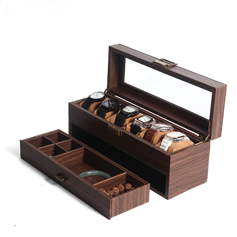 Wood Grain Leather 6-position Watch Storage Box Watch Box Double-layer Collection and Storage Jewelry Box 250424