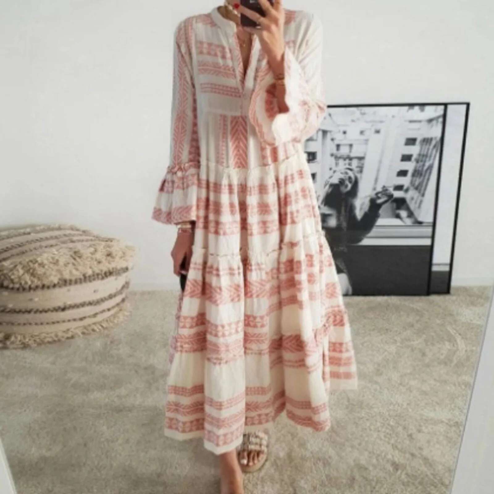 Dongdumaoyi Fashion Geometric Print Dress Women Flare Sleeve V Neck For Beach Vacation Casual Loose Ladies Ruffles Flared A Line